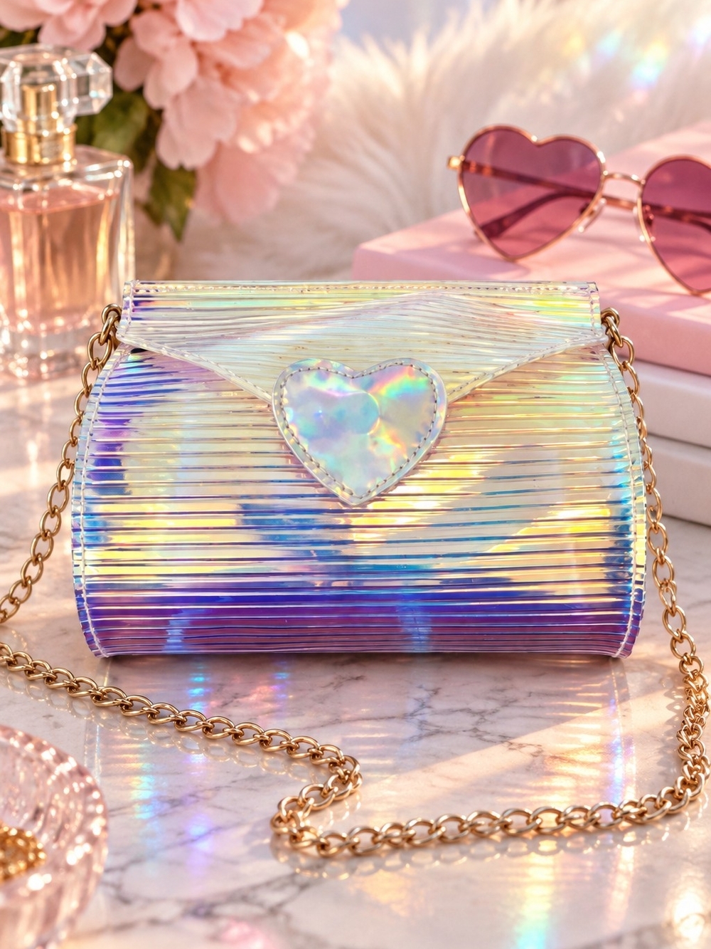 Iridescent Holographic Heart Mini Crossbody Purse Y2K Festival Bag